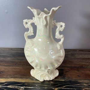 Vintage vase with iridescent glaze in ivory.  Hand made by Elsie D. in 1978